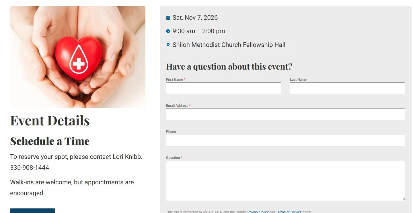 Shiloh event page showing a date, time, location, event image, and inquiry form.