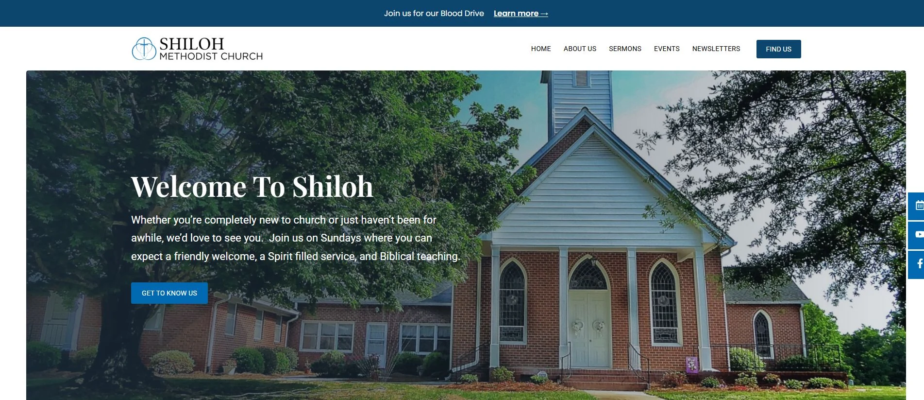 Shiloh Methodist Church homepage with a welcoming introduction and links to sermons, events, and visitor information.