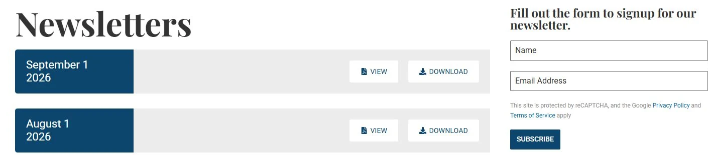 Shiloh newsletter archive with dated issues, PDF view and download buttons, and a newsletter signup form.