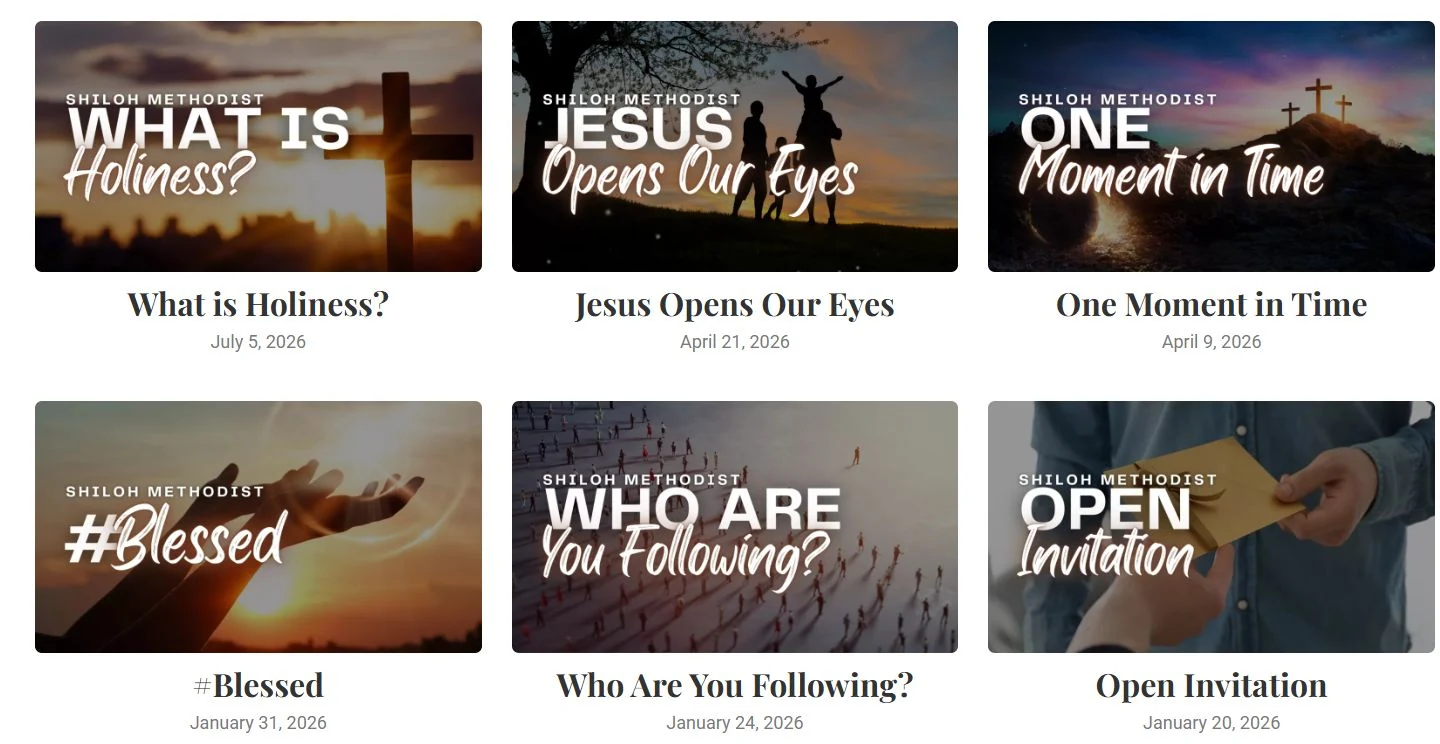 Shiloh sermon archive showing message artwork, sermon titles, and publication dates.
